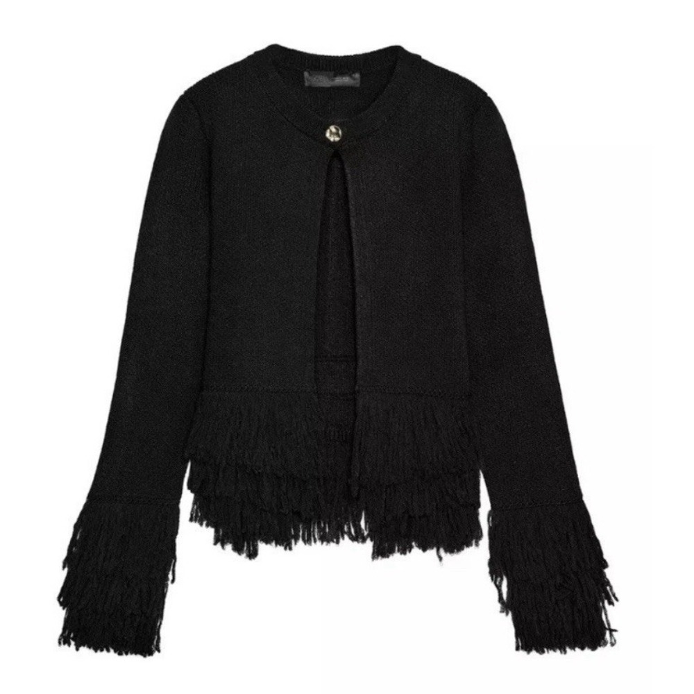 Zara Black Fringed Knit Cardigan With One Gold Button. Small